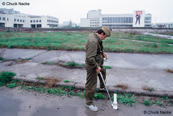 Measuring ground radiation in Pripyat, Chernobyl, UA