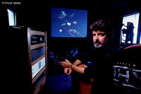 Film director George Lucas in his private screening room